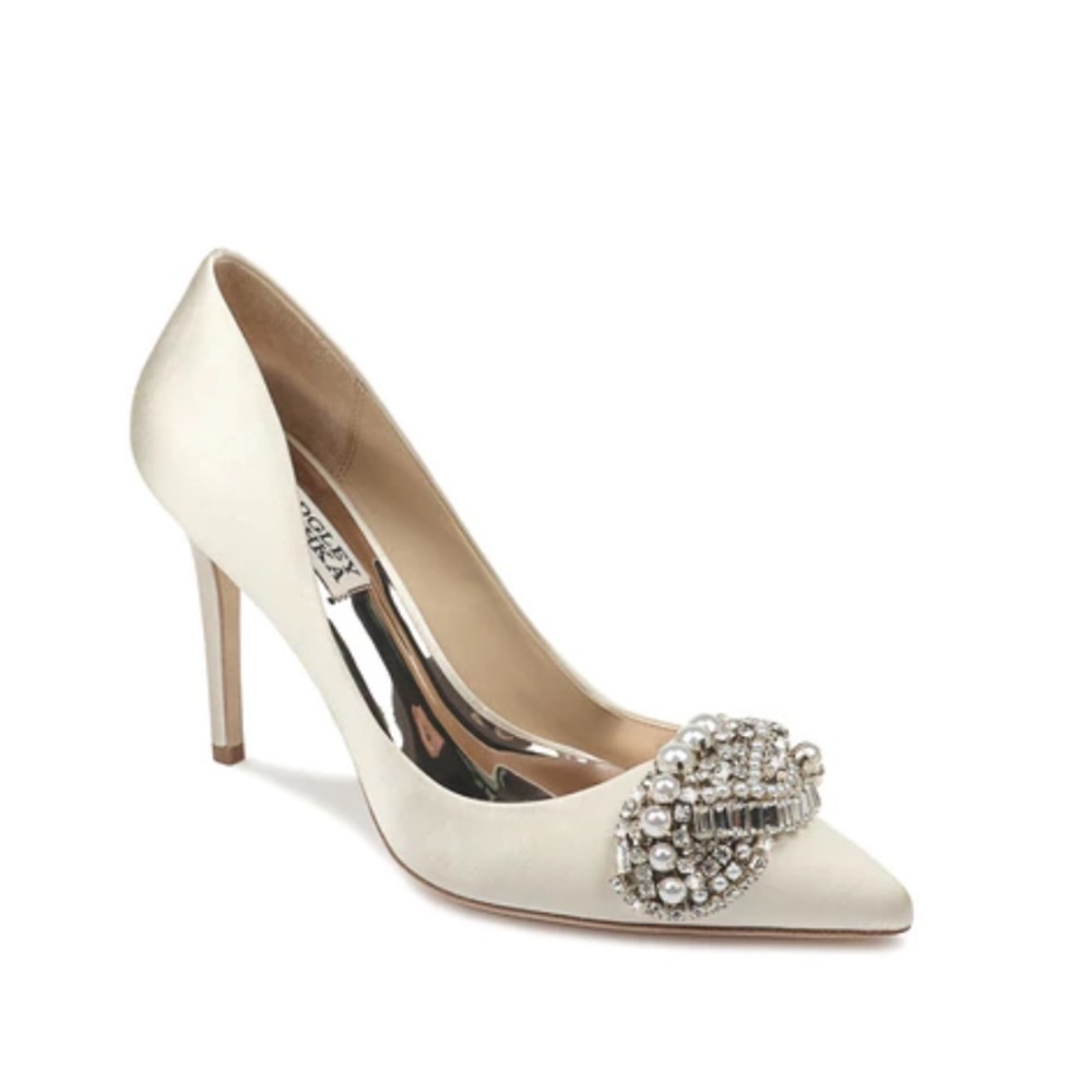 Badgley Mischka Ivory Satin Jeweled Pumps